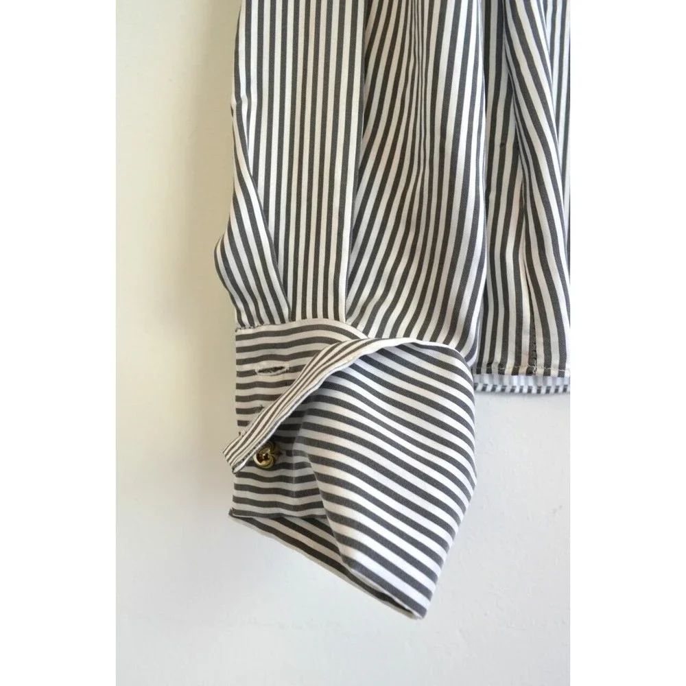 ERDEM Grey White Gold Cuff Link FLORINN Pin-Stripe Satin Blouse 6 US 10 42 38 36 - Picture 8 of 12